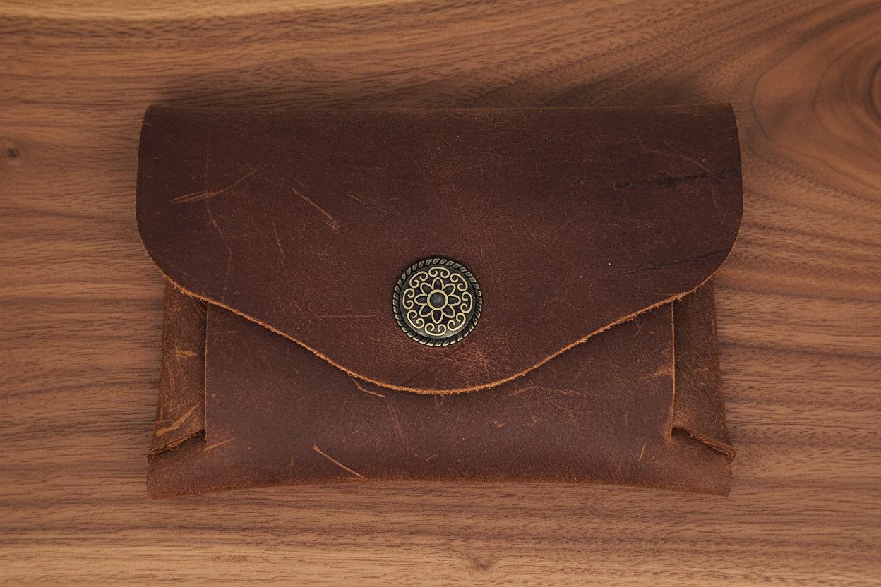 Handcrafted natural leather pouch.