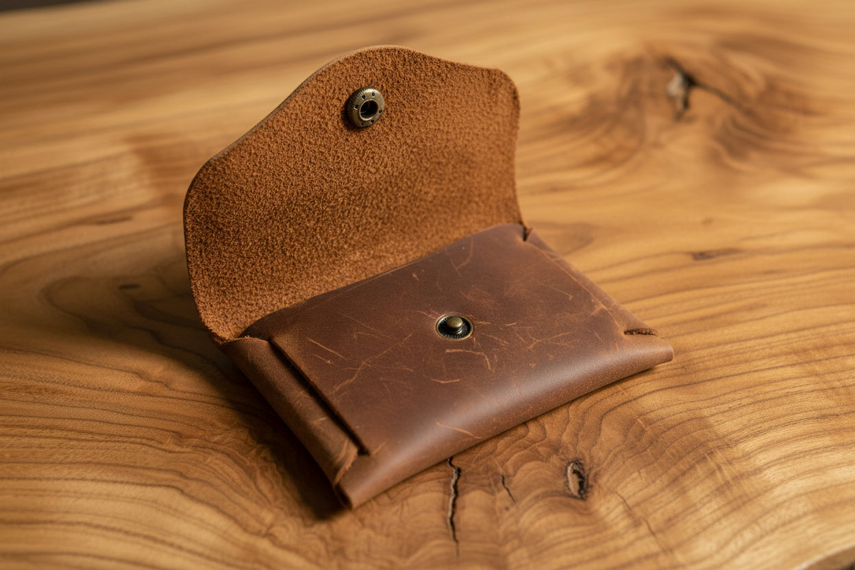 Handcrafted natural leather pouch.